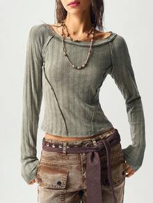 Bohemela Áo thun dệt kim cổ tròn tay dài màu trơn thường ngày dành cho nữ - xanh quân đội - Xem 4