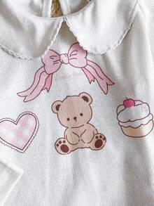 SHEIN Baby Mädchen Säugling Kleinkind Neugeborene 0-3 Jahre süßer Bär & Schleife Muster Langarm-Top + orange karierte weite Hose 2-teiliges Outfit Set, Herbst