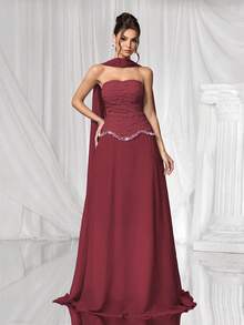 Coutiva Váy dạ hội sang trọng, váy dạ hội thanh lịch với họa tiết ngọc trai giả, phong cách tiếp viên cao cấp - Màu Đỏ Sâu - Xem 1