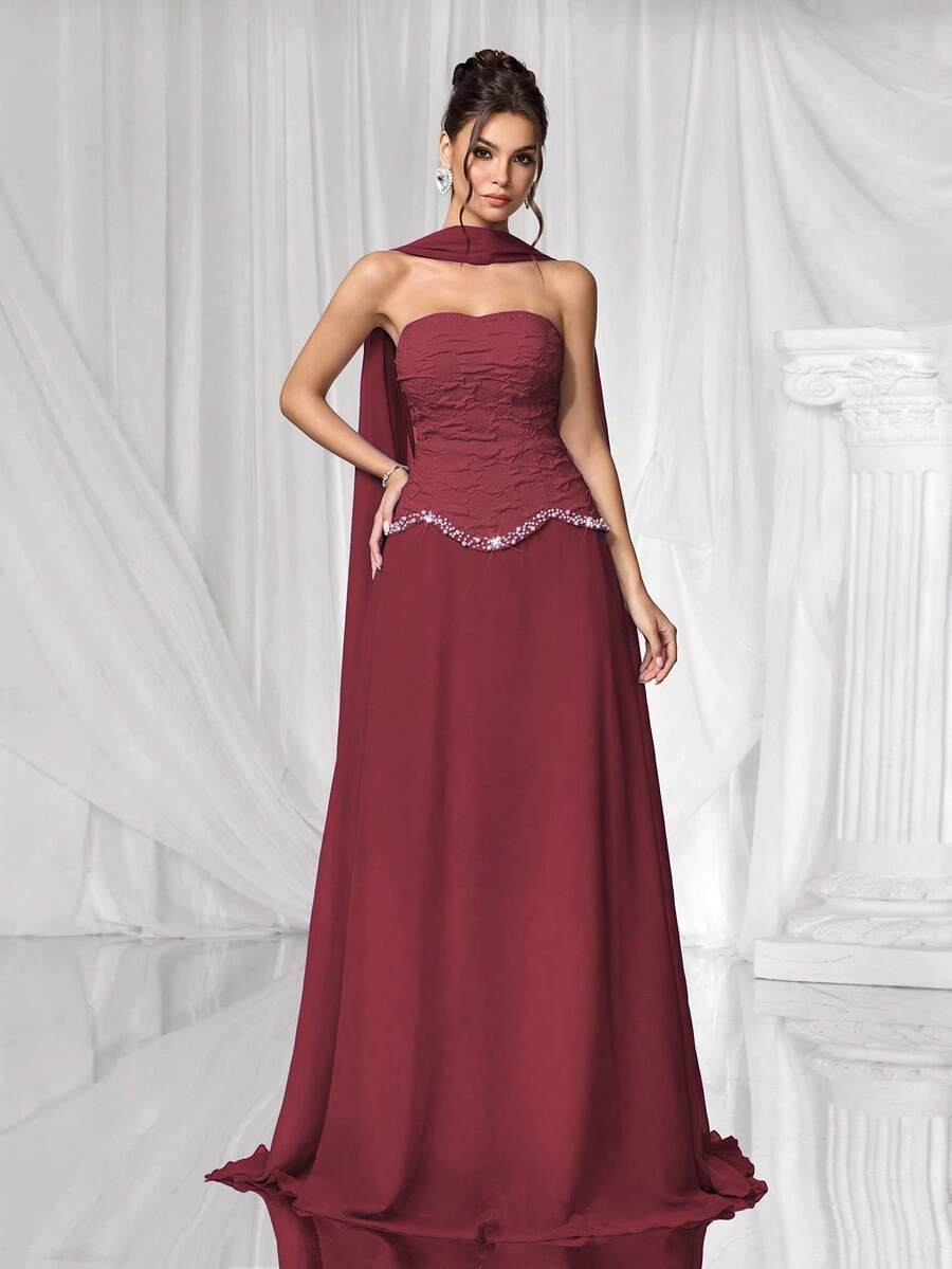 Coutiva Váy dạ hội sang trọng, váy dạ hội thanh lịch với họa tiết ngọc trai giả, phong cách tiếp viên cao cấp - Màu Đỏ Sâu - Xem 1