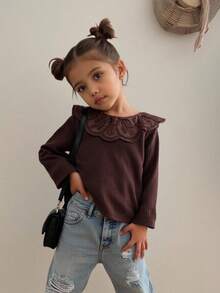 Genkimix Kids 女童罗纹面料长袖 T 恤，蕾丝花边领口，舒适休闲优雅时尚，适合春季、秋季、冬季