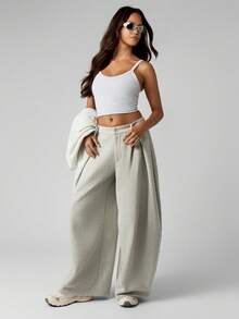 MISSGUIDED Quần ống rộng Palazzo xếp ly cotton cỡ lớn, cạp cao, co giãn thoải mái, phù hợp mặc thường ngày - Xám - Xem 4