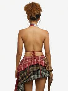 SUMWON WOMEN Knitted Football Scarf Halter Neck Top With Fringe Detail Team Spirit Crop Tank - Multicolor - View 2