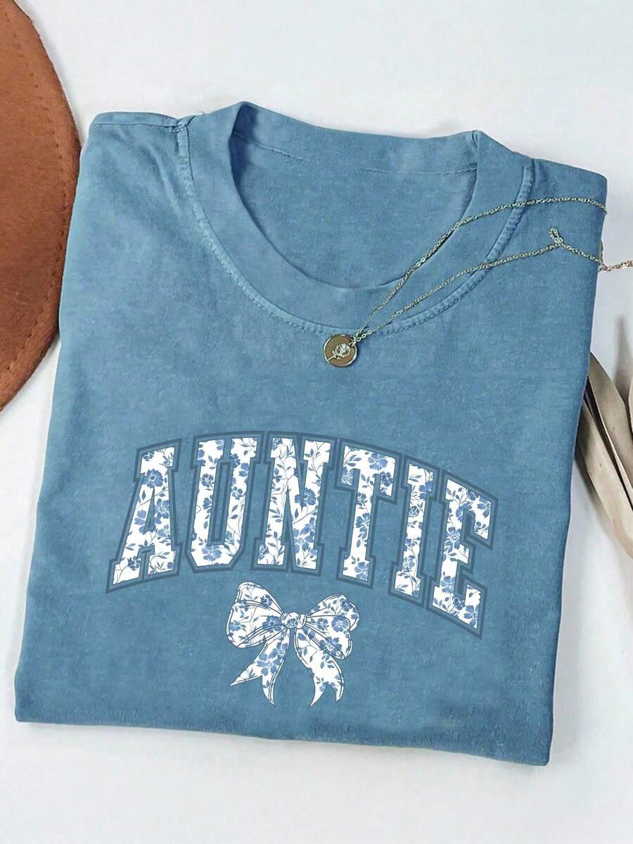 INAWLY Comfortable Colorful Aunt T-Shirt, Cute Aunt T-Shirt, New Aunt Gift, Pregnancy Announcement, Gift For Aunt, Reveal Pregnancy To Aunt, Aunt T-Shirt For Women - Blue - View 1
