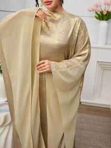 Al Najma 女士阿拉伯风格拼接优雅高端连衣裙，适合派对和舞台 - 金色 - 查看 7