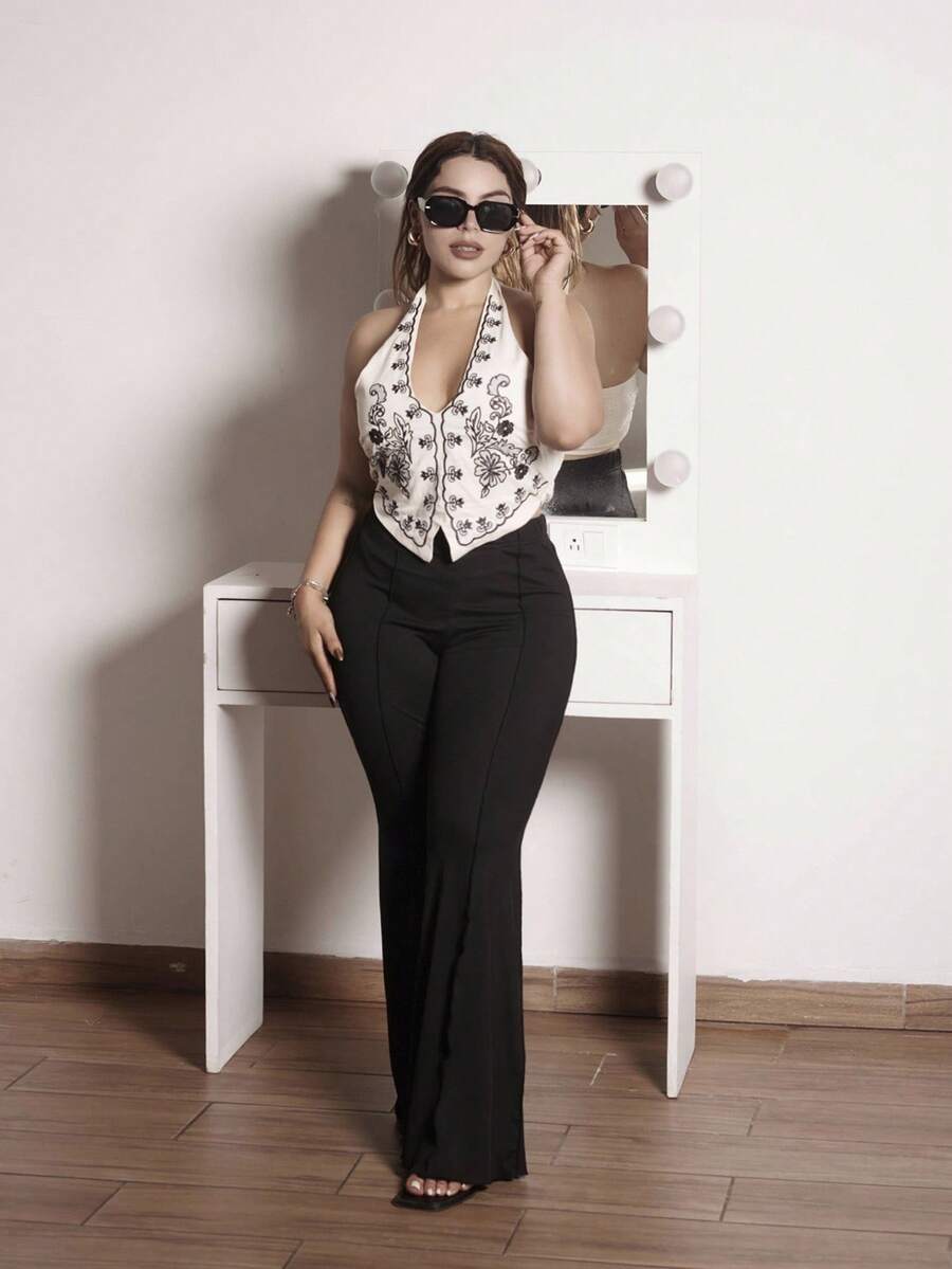 Lupita Cardoza 杏色底黑色花朵刺绣露背蝴蝶结短款背心，适合音乐节 - 彩色 - 查看 1