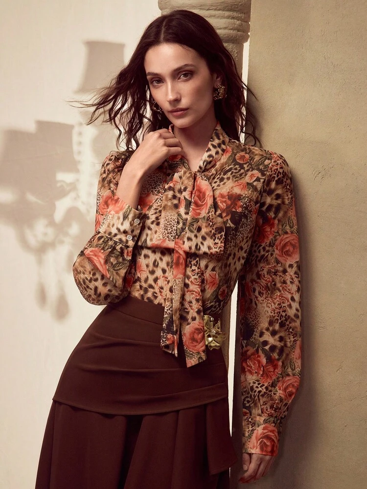 ELEGANT LEOPARD FLORAL PRINT TIE NECK LANTERN SLEEVE BLOUSE