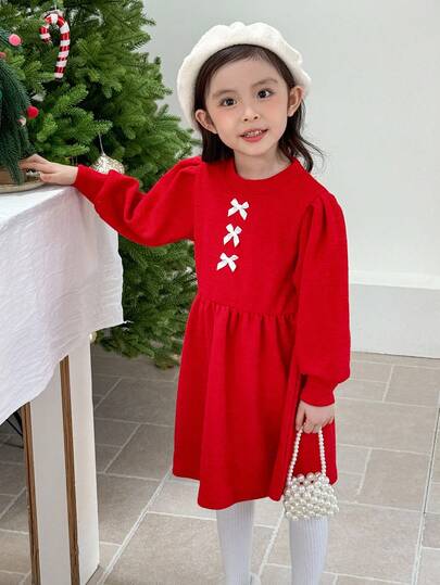 Genkimix Kids Young Girl' Fashion Chic Minimalist Faux Fur Fabric Bow Decor Puff Sleeve Flared Dress, Red, Suitable For Everyday Wear Or Layering In Autumn/Winter Christmas  Clothes Christmas Dress Fall