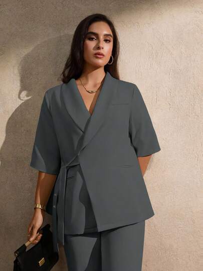 Juhart Plus Size Women's Elegant Minimalist Tie-Up Apricot Thin Blazer