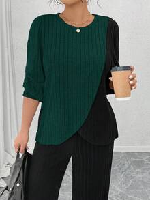 EMERY ROSE Plus Size Black Autumn Curve Smart Casual Loungewear 2 Pieces Set,Soft Knit Ribbed Crew Neck Long Sleeve Asymmetrical Patchwork Top&Straight Leg Pants - Multicolor - View 7