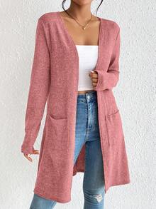 SHEIN Essnce Áo khoác len cardigan dài tay hở phía trước màu trơn thanh lịch dành cho nữ, Áo khoác cardigan mùa thu cho nữ mùa hè Áo khoác cardigan cho nữ mùa hè Quần áo thời trang cho nữ Áo khoác cardigan màu hồng hở phía trước, Quần áo ấm áp cho nữ mùa thu và mùa đông - Bụi hồng - Xem 3
