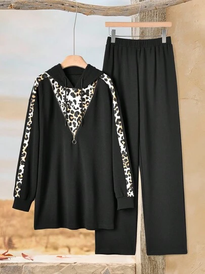 2pcs Women Casual Hooded Long Sleeve Top And Loose Pants Set Country Outfits For Women Women's Set Fall Clothes For Women Leopard Print New Year Outfit Two Piece Women Sets Blouse And Pants Set Women Plus Clothing 2 Piece Modest Sets For Women  Winter Clothes For Women