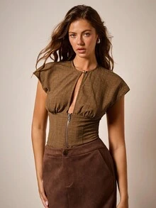 COSMINA 女士优雅穿孔拉链短袖衬衫，通勤和办公室穿着皆宜，适合初秋 - 棕色 - 查看 3