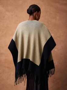 Zivah Black And Beige Autumn Elegant Club Women's Cape Style Woolen Tops,Asymmetrical Tassel Hemlines Elegant Set For Birthday Parties&Commuting,Versatile - Khaki - View 2