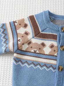 Cozy Pixies Suéter de cárdigan de manga larga con cuello redondo con estampado de oso de dibujos animados y geométrico para bebé niño en otoño/invierno - Azul - Ver 4