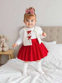 Souflis Souflis 女宝宝冬季白色长袖针织上衣+白色蓬松背心+红色百褶裙两件套 - 紅色 - 查看 1
