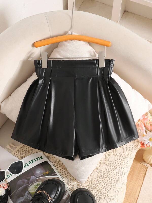 Tween Mädchen Lässig Street Style elegante PU plissierte Papiertragetasche Taille Shorts, Schwarz