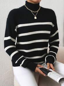 SHEIN Cottnline Striped Pattern Mock Neck Drop Shoulder Sweater - Black - View 3