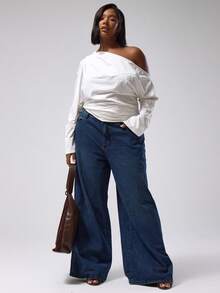 MUSERA Plus Asymmetric Shoulder Long Sleeve Top Cute Holiday Elegant Vacation Romantic Curve Week , Holidays, Party, Festive Spring - White - View 5