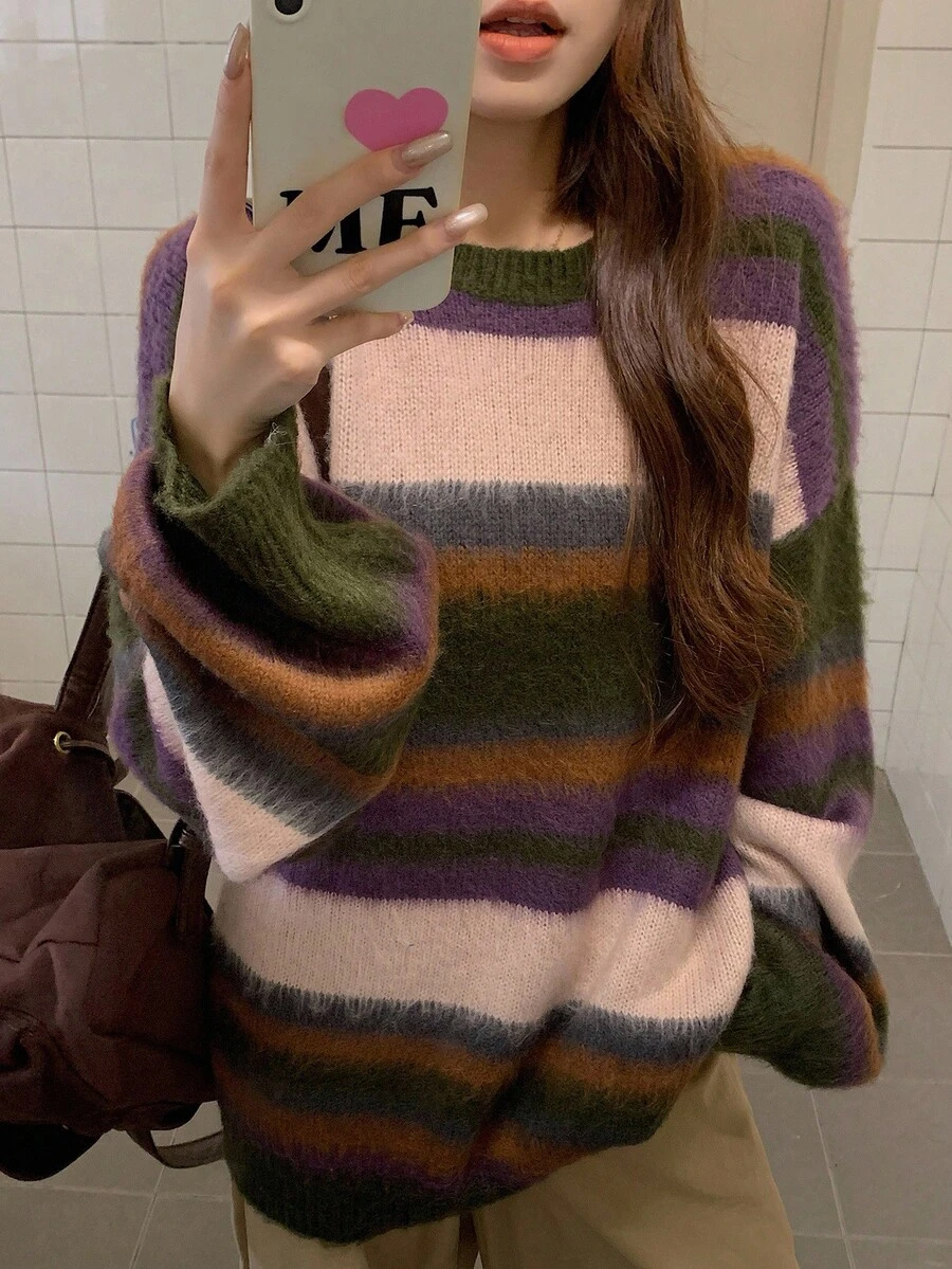 DAZY Women's Loose Casual Striped Basic Crew Neck Sweater, Autumn/Winter - Coffee Brown - View 1