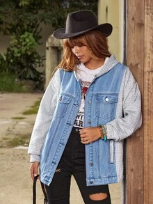 EMERY ROSE Women's Casual Button-Up Denim Hooded Jacket, For Daily Wear - Blue - View 7