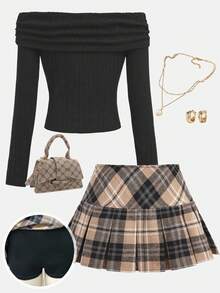 Girlism 少女秋季校园风服装，黑色露肩罗纹针织毛衣长袖 T 恤，卡其色格子百褶裙，休闲两件套 - 彩色 - 查看 2