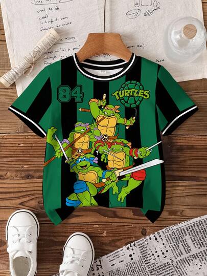 TEENAGE MUTANT NINJA TURTLES | SHEIN Young Boy Summer Colorblock Striped Turtle Print Round Neck Short Sleeve T-Shirt