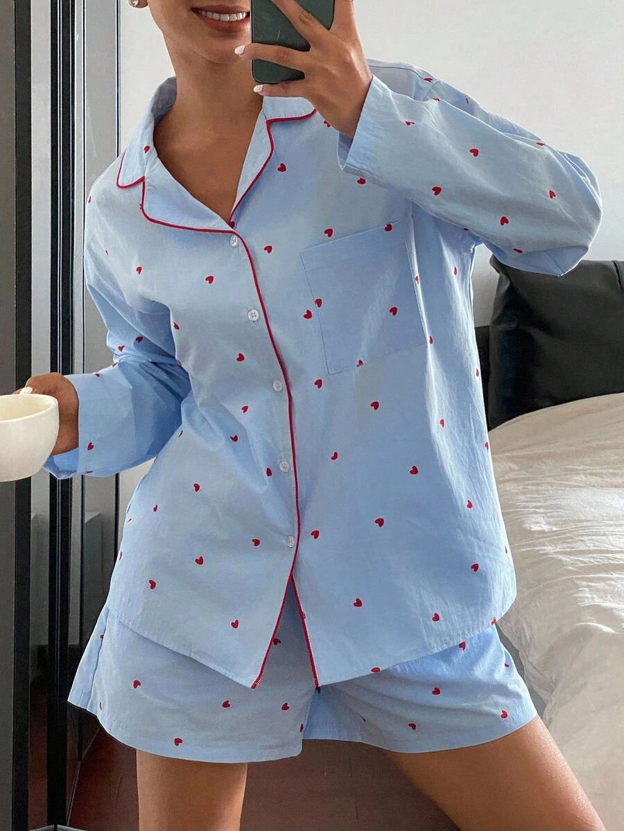 DAZY Damen Pyjama-Set mit durchgehendem Herz-Muster und Kontrastnaht, Herbst-Winter Kleidung
