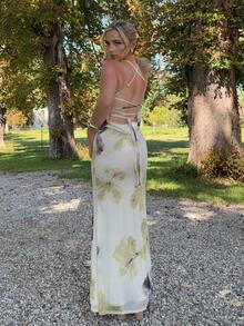 Jeta Ari Women's Elegant Floral Print Maxi Dress: Sleeveless Spaghetti Strap Knitted Mermaid Hem Beige Maxi Dress For Special Occasions - Beige - View 2