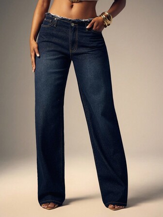 Denimoi Jeans de pierna recta con borde crudo de talle bajo, jeans de talle bajo, jeans de denim de talle bajo, atuendos de moda Y2K, jeans sexy, prendas inferiores sexy, estilo de verano, atuendos de verano para mujer, atuendos para conciertos