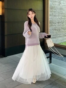 DAZY Women's V-Neck Korean Style Long Sleeve Fuzzy Knit Sweater, Autumn/Winter - Grey - View 2