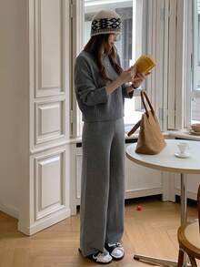 DAZY 2件套女士宽松休闲灰色针织毛衣，秋冬