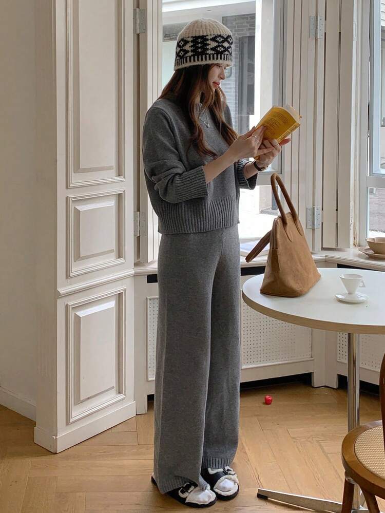2pcs/Set Women Loose Casual Gray Knitted Sweater, Autumn/Winter