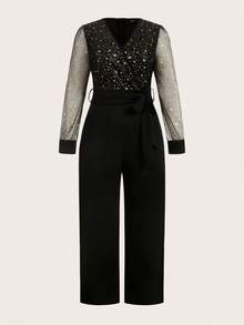 Ellevyn 加大码金箔网眼 V 领长灯笼袖系腰黑色连体裤，适合宴会、节日、晚会、婚礼 - 黑色 - 查看 3