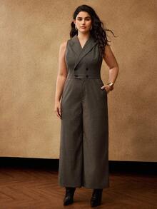 MOTF PREMIUM CHRISTMAS PLUS SIZE CHIC SLEEVELESS BLAZER COLLAR JUMPSUIT - Coffee Brown - View 1