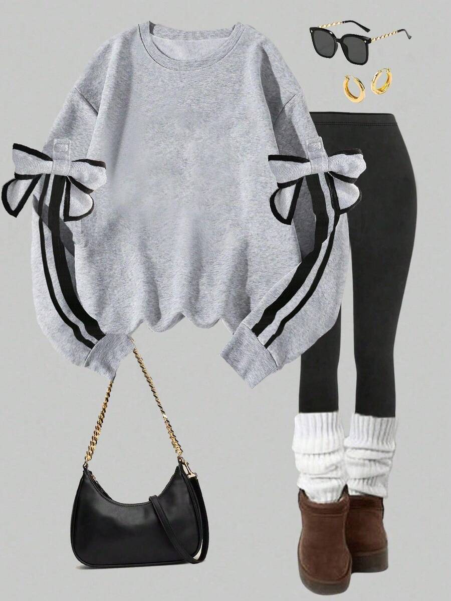 SHEIN 1pc Tween Girls Oversized Crew Neck Long Sleeve Sweatshirt, Loose Fit With Detachable Bowknot Cuff Decoration, Casual Pullover For Autumn Fall Winter - Grey - View 1
