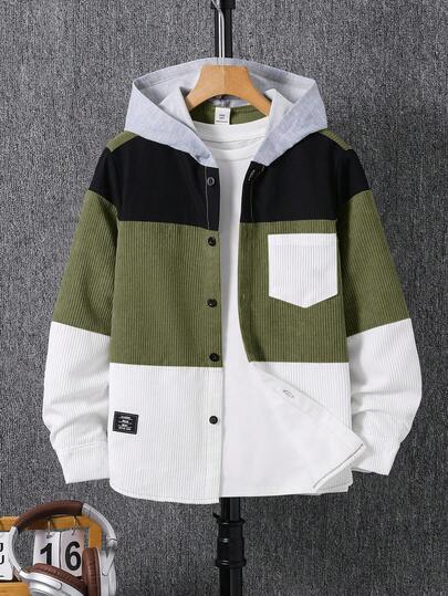 SHEIN Tween Boy's Casual Color Block Patchwork Hoodie Shirt With Pockets, Suitable For Autumn, Spring, Winter, Suitable For Outdoor Play, School, Street Style, Party And Leisure, High Cost-Performance Fall