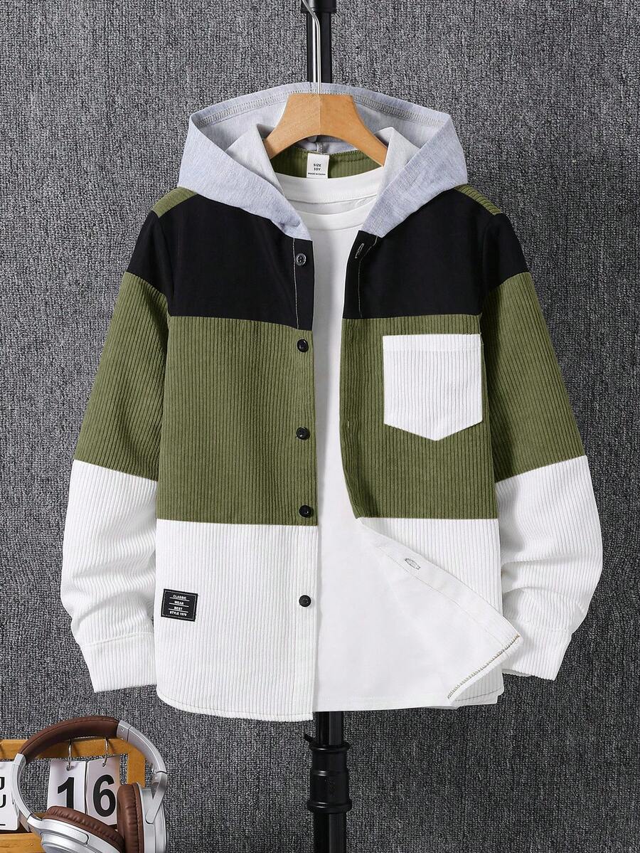 SHEIN Tween Boy's Casual Color Block Patchwork Hoodie Shirt With Pockets, Suitable For Autumn, Spring, Winter, Suitable For Outdoor Play, School, Street Style, Party And Leisure, High Cost-Performance Fall - Army Green - View 1