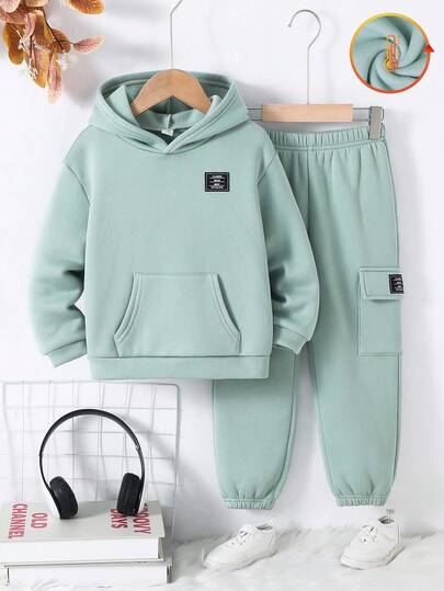 SHEIN 2 st/set för unga pojkar, casual, bekväm, snygg, praktisk, mångsidig, bokstäver, grafisk termofodrad, huvtröja och byxor, lämplig för första skoldagen, skolkläder, vardagskläder, utomhus, sport, höst/vinter