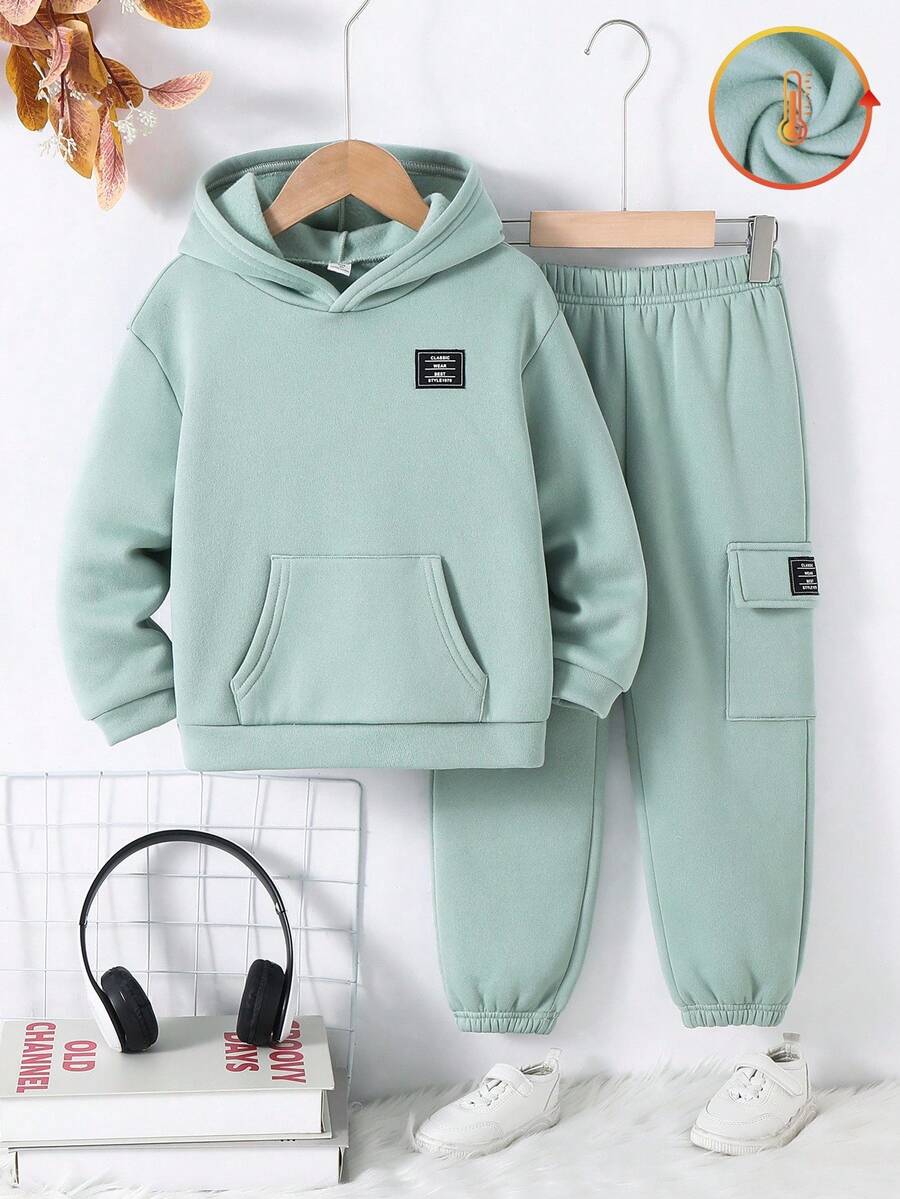 SHEIN 2 st/set för unga pojkar, casual, bekväm, snygg, praktisk, mångsidig, bokstäver, grafisk termofodrad, huvtröja och byxor, lämplig för första skoldagen, skolkläder, vardagskläder, utomhus, sport, höst/vinter - Mint Grön - Visa 1