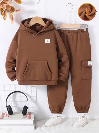 SHEIN 2pcs/Set Kids Casual Comfortable Stylish Practical Versatile Letter Graphic Fleece Lined Hoodie Sweatshirt And Pants Set, Suitable For First Day Of School, School Clothes, Daily Wear, Outdoor, Sports, Autumn/Winter Fall