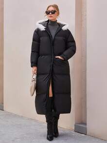 CLARA VERO Women Contrast Hooded Pocket Zipper Detailed Long Padded Winter Coat - Black - View 7
