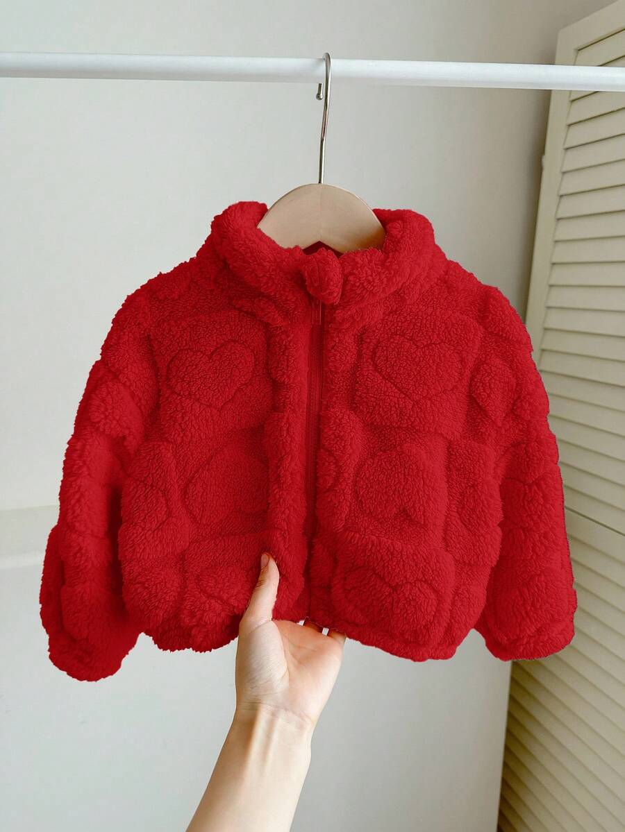 SHEIN LMoss Kids LMoss 女婴可爱休闲毛绒立领心形图案夹克，适合秋冬