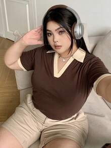 Dazy Petite Plus Color Block Collar Fitted Cropped T-Shirt, Brown, Spring/Summer - Brown - View 8