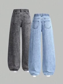 Sparklyn 2 件青少年女孩百搭宽松直筒休闲牛仔裤，修身贴身，适合春秋冬季日常休闲穿着