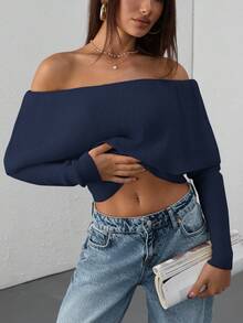 EURMUSE Casual Off Shoulder Bardot Ruffle Neckline Long Sleeve Sweater - Navy Blue - View 7