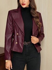 Vintamour 复古经典优雅女士常规夹克，秋冬修身大领双排扣金属纽扣夹克，腰带夹克，PU 皮夹克，安哥拉红夹克，长袖夹克