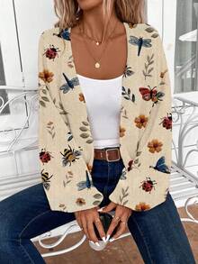 EMERY ROSE Women's Casual Floral & Bee Print Lantern Sleeve Knitted Cardigan, Autumn,Fall - White - View 1