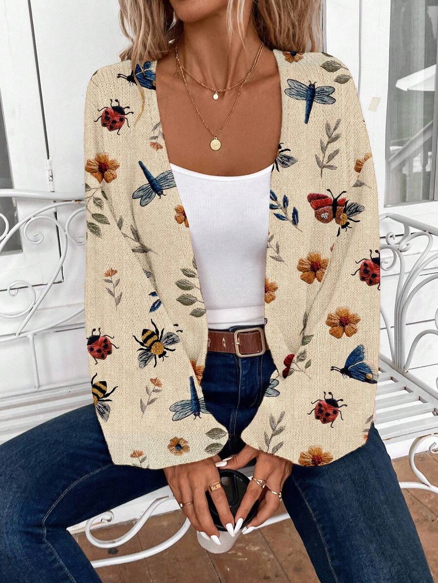 EMERY ROSE Women's Casual Floral & Bee Print Lantern Sleeve Knitted Cardigan, Autumn,Fall - White - View 1