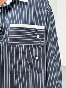 SHEIN Áo sơ mi nữ cài nút sọc xanh navy có cổ và túi màu trắng tương phản - Xanh và trắng - Xem 6